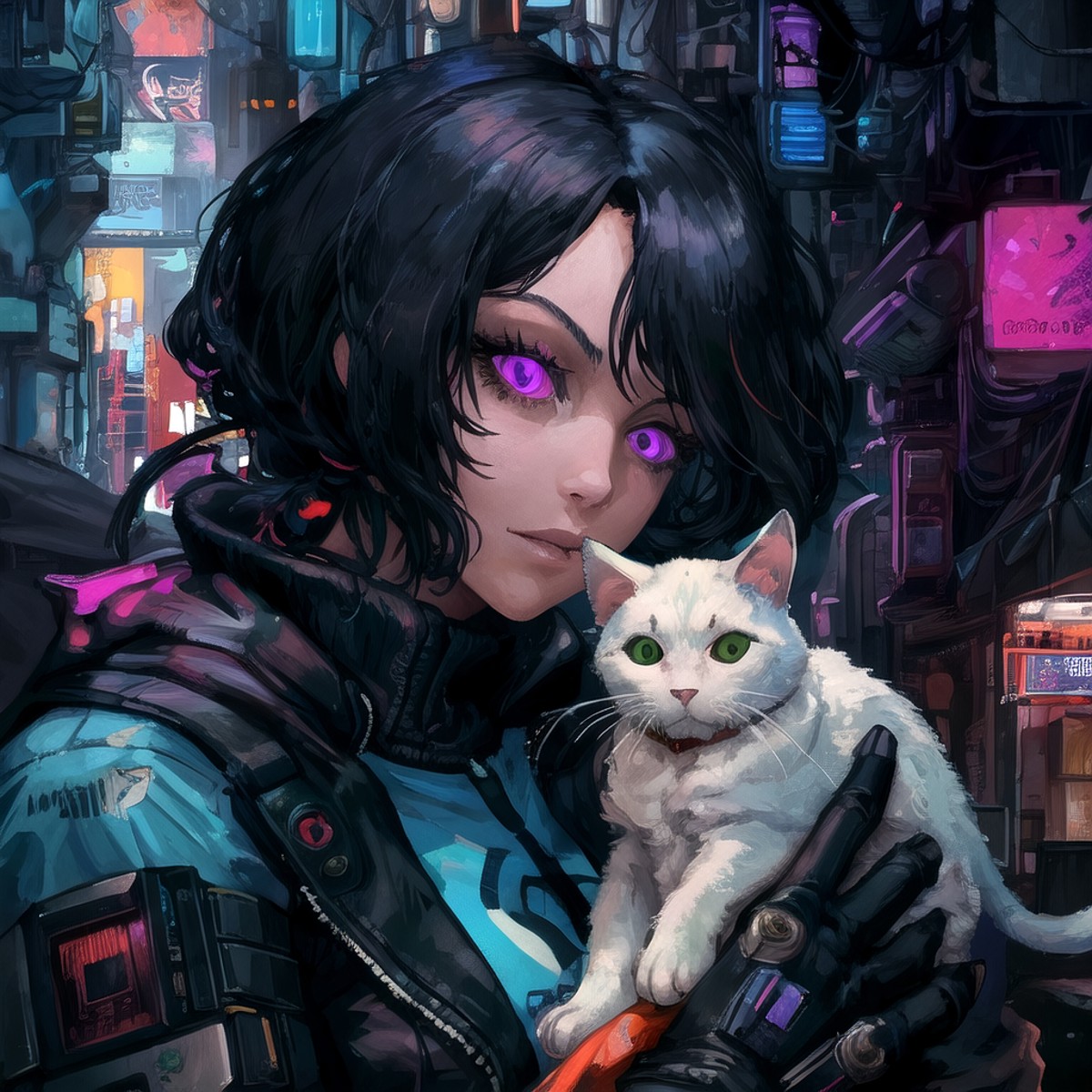 close-up, a girl holding a cat, midnight, cyberpunk city, masterpiece